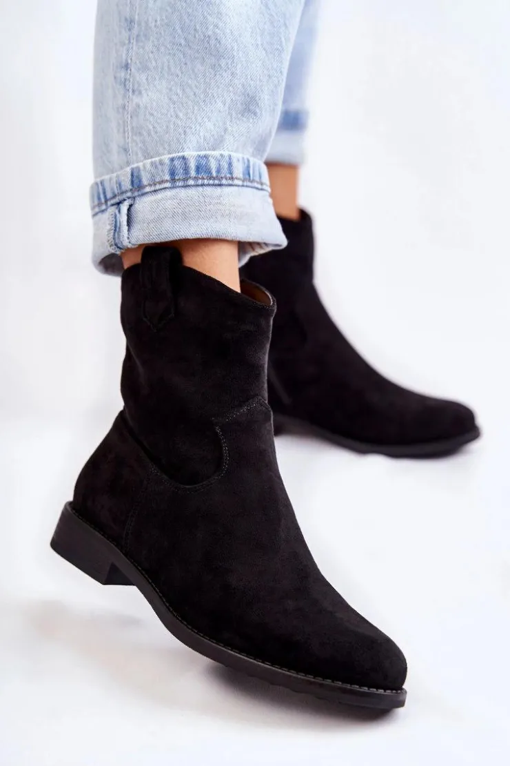 Damskie buty S.Barski Botki Wiosenne|Czarne Botki*Damskie Zamszowe Botki Na Płaskim Obcasie Czarne Fiorenz