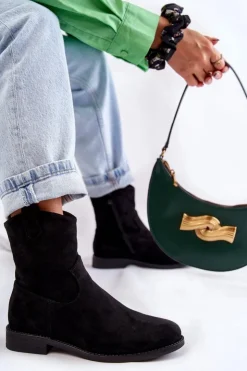 Damskie buty S.Barski Botki Wiosenne|Czarne Botki*Damskie Zamszowe Botki Na Płaskim Obcasie Czarne Fiorenz