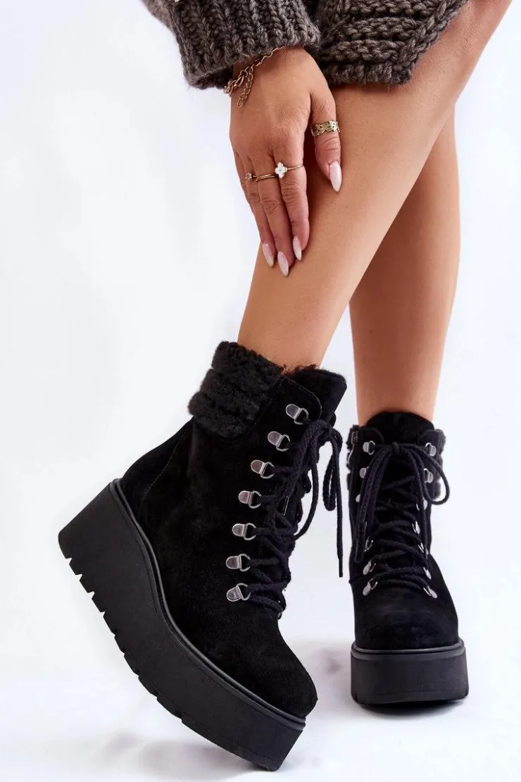 Outlet Boto Damskie Zamszowe Botki Na Koturnie Czarne Lemar Meniko