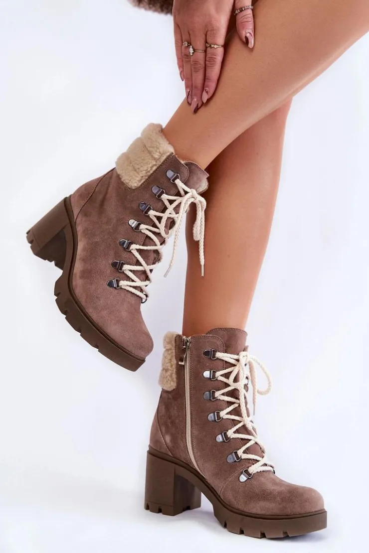 Damskie Boto Damskie Zamszowe Botki Sznurowane Na Obcasie Brązowe Lemar Fenya