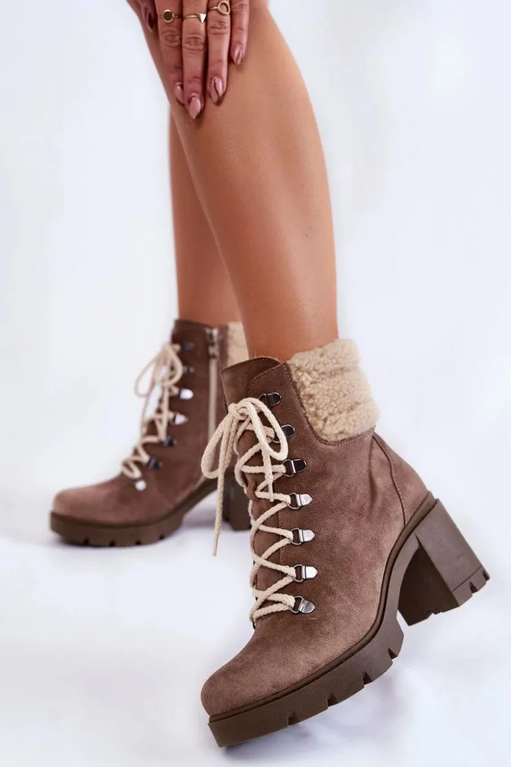 Damskie Boto Damskie Zamszowe Botki Sznurowane Na Obcasie Brązowe Lemar Fenya