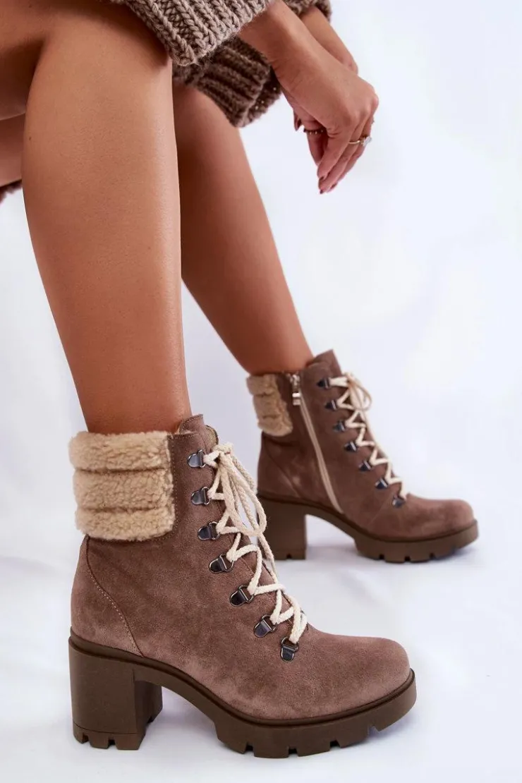 Damskie Boto Damskie Zamszowe Botki Sznurowane Na Obcasie Brązowe Lemar Fenya