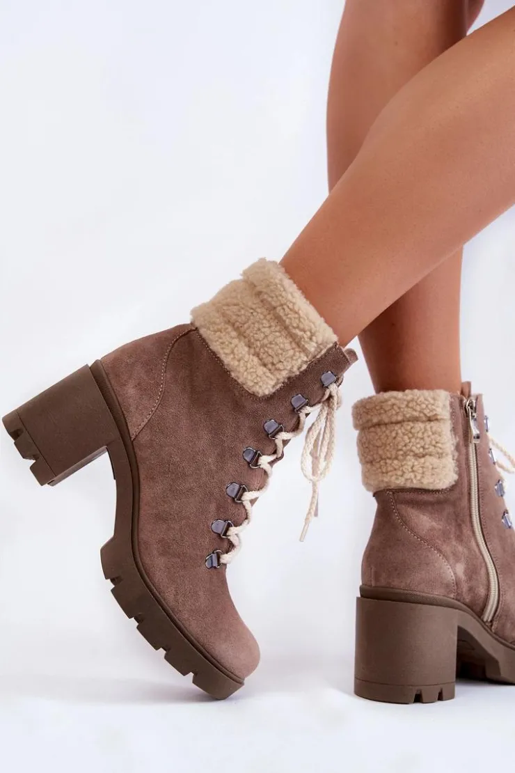 Damskie Boto Damskie Zamszowe Botki Sznurowane Na Obcasie Brązowe Lemar Fenya