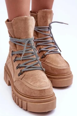 Damskie Boto Damskie Zamszowe Botki Sznurowane Ciemnobeżowe Acorn