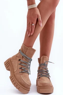 Damskie Boto Damskie Zamszowe Botki Sznurowane Ciemnobeżowe Acorn