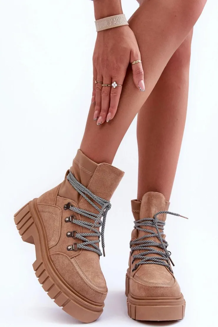 Damskie Boto Damskie Zamszowe Botki Sznurowane Ciemnobeżowe Acorn