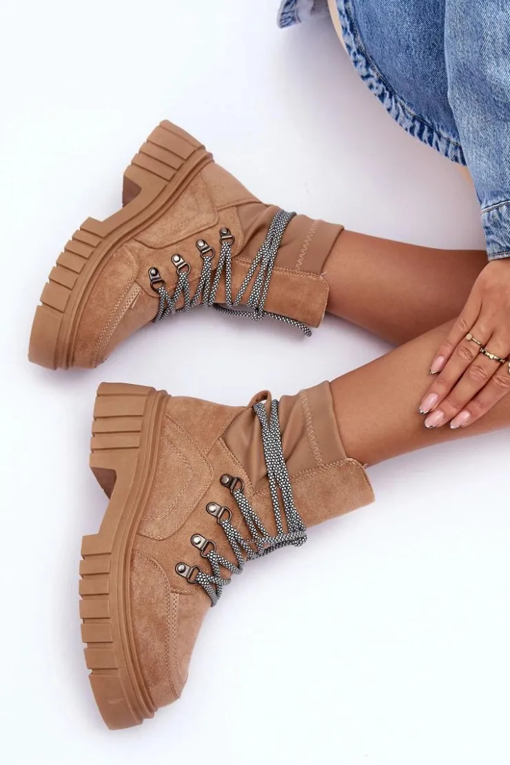 Damskie Boto Damskie Zamszowe Botki Sznurowane Ciemnobeżowe Acorn