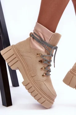Online Boto Damskie Zamszowe Botki Sznurowane Beżowe Acorn Beżowy