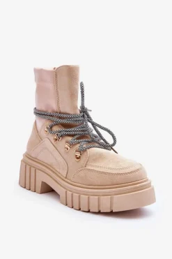 Online Boto Damskie Zamszowe Botki Sznurowane Beżowe Acorn Beżowy