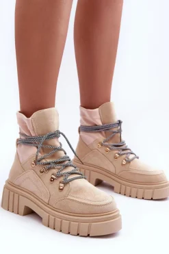 Online Boto Damskie Zamszowe Botki Sznurowane Beżowe Acorn Beżowy