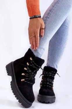 Damskie Boto Damskie Zamszowe Botki Trapery Czarne Bellita