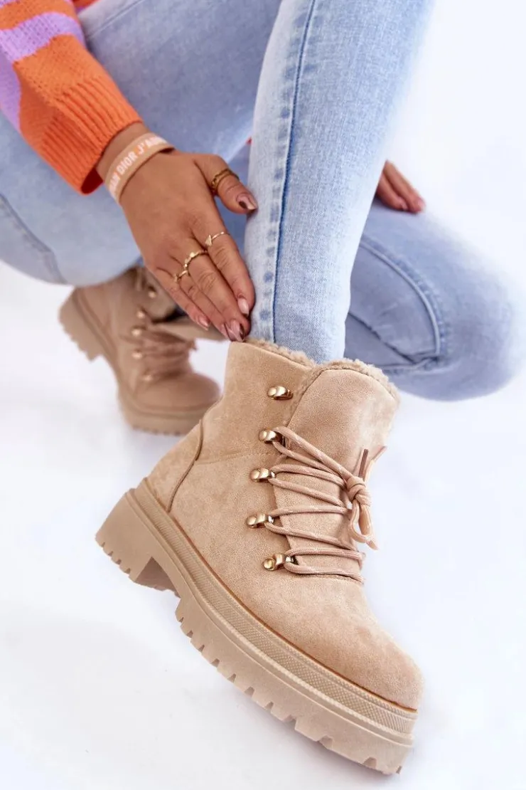 Boto Damskie Trapery|Botki Sznurowane*Damskie Zamszowe Botki Trapery Beżowe Bellita