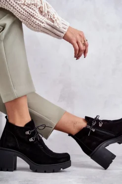 Damskie Boto Damskie Zamszowe Botki Wiązane Czarne Lemar Marianne