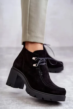 Damskie Boto Damskie Zamszowe Botki Wiązane Czarne Lemar Marianne