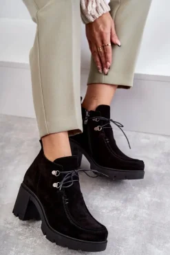 Damskie Boto Damskie Zamszowe Botki Wiązane Czarne Lemar Marianne