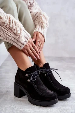 Damskie Boto Damskie Zamszowe Botki Wiązane Czarne Lemar Marianne