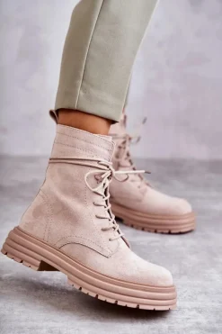Damskie buty S.Barski Damskie Zamszowe Botki Wiązane Beżowe Afra