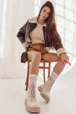 Damskie buty S.Barski Damskie Zamszowe Botki Wiązane Beżowe Afra