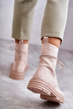 Damskie buty S.Barski Damskie Zamszowe Botki Wiązane Beżowe Afra
