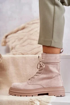 Damskie buty S.Barski Damskie Zamszowe Botki Wiązane Beżowe Afra