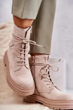 Damskie buty S.Barski Damskie Zamszowe Botki Wiązane Beżowe Afra