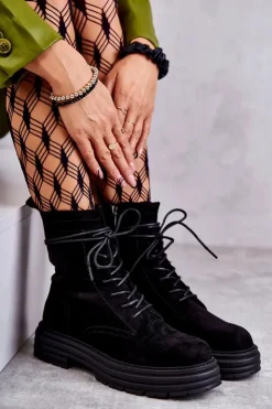 Damskie Damskie buty S.Barski Damskie Zamszowe Botki Wiązane Czarne Afra