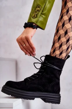 Damskie Damskie buty S.Barski Damskie Zamszowe Botki Wiązane Czarne Afra