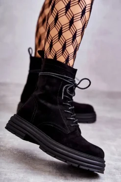 Damskie Damskie buty S.Barski Damskie Zamszowe Botki Wiązane Czarne Afra