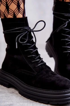 Damskie Damskie buty S.Barski Damskie Zamszowe Botki Wiązane Czarne Afra