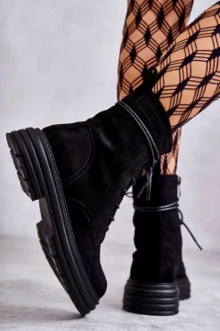 Damskie Damskie buty S.Barski Damskie Zamszowe Botki Wiązane Czarne Afra