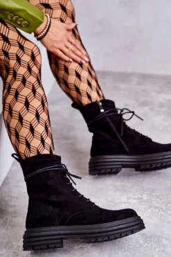 Damskie Damskie buty S.Barski Damskie Zamszowe Botki Wiązane Czarne Afra