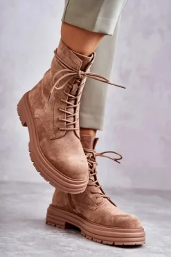 Damskie Damskie buty S.Barski Damskie Zamszowe Botki Wiązane Camel Afra