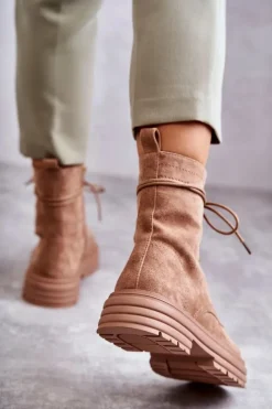 Damskie Damskie buty S.Barski Damskie Zamszowe Botki Wiązane Camel Afra