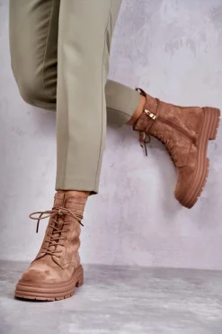 Damskie Damskie buty S.Barski Damskie Zamszowe Botki Wiązane Camel Afra