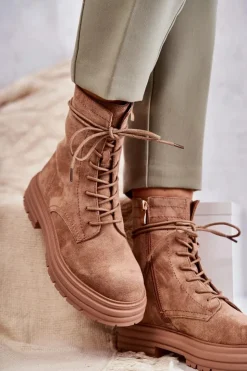 Damskie Damskie buty S.Barski Damskie Zamszowe Botki Wiązane Camel Afra