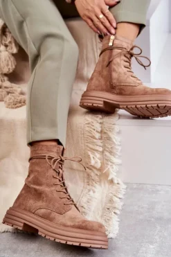 Damskie Damskie buty S.Barski Damskie Zamszowe Botki Wiązane Camel Afra