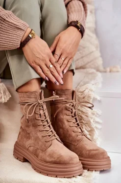 Damskie Damskie buty S.Barski Damskie Zamszowe Botki Wiązane Camel Afra