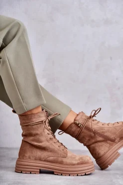 Damskie Damskie buty S.Barski Damskie Zamszowe Botki Wiązane Camel Afra