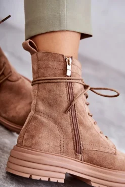 Damskie Damskie buty S.Barski Damskie Zamszowe Botki Wiązane Camel Afra