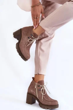 Clearance Boto Damskie Zamszowe Botki Wiązane Jasnobrązowe Lemar Marianne