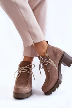 Clearance Boto Damskie Zamszowe Botki Wiązane Jasnobrązowe Lemar Marianne