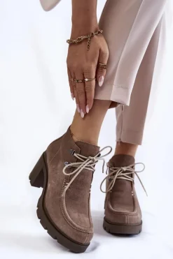 Clearance Boto Damskie Zamszowe Botki Wiązane Jasnobrązowe Lemar Marianne