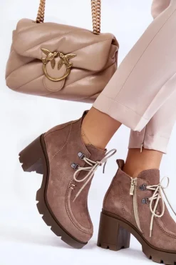 Clearance Boto Damskie Zamszowe Botki Wiązane Jasnobrązowe Lemar Marianne