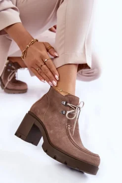 Clearance Boto Damskie Zamszowe Botki Wiązane Jasnobrązowe Lemar Marianne