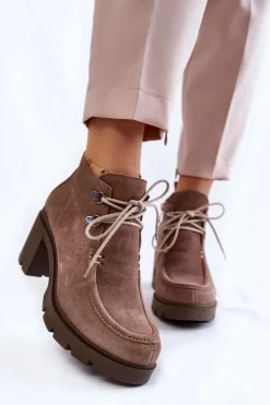 Clearance Boto Damskie Zamszowe Botki Wiązane Jasnobrązowe Lemar Marianne