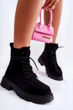 Damskie Boto Damskie Zamszowe Botki Wiązane Czarne Vanita