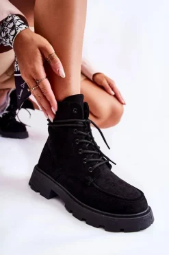 Damskie Boto Damskie Zamszowe Botki Wiązane Czarne Vanita