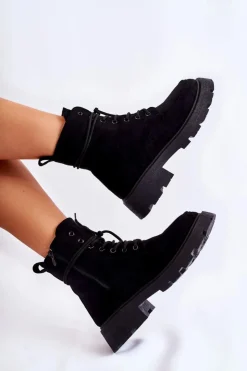 Damskie Boto Damskie Zamszowe Botki Wiązane Czarne Vanita