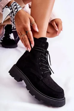 Damskie Boto Damskie Zamszowe Botki Wiązane Czarne Vanita