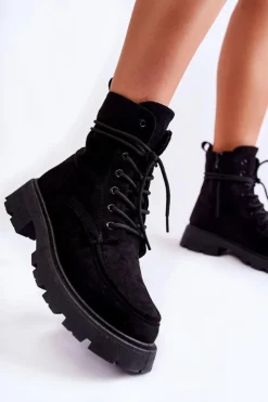 Damskie Boto Damskie Zamszowe Botki Wiązane Czarne Vanita